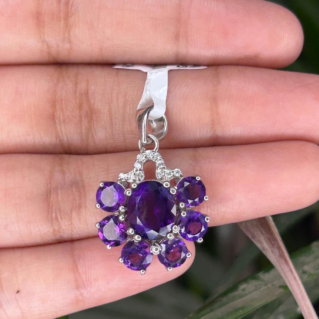 Mixed Cut 925 Sterling Silver Natural Amethyst Cluster Pendant Necklace for Mom Gift For Sale