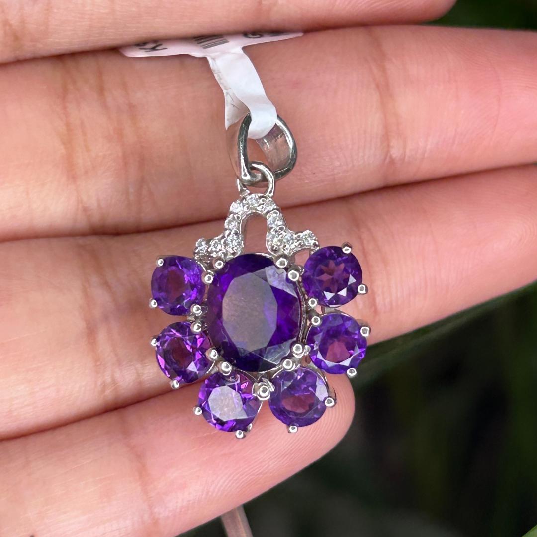 925 Sterling Silver Natural Amethyst Cluster Pendant Necklace for Mom Gift For Sale 2