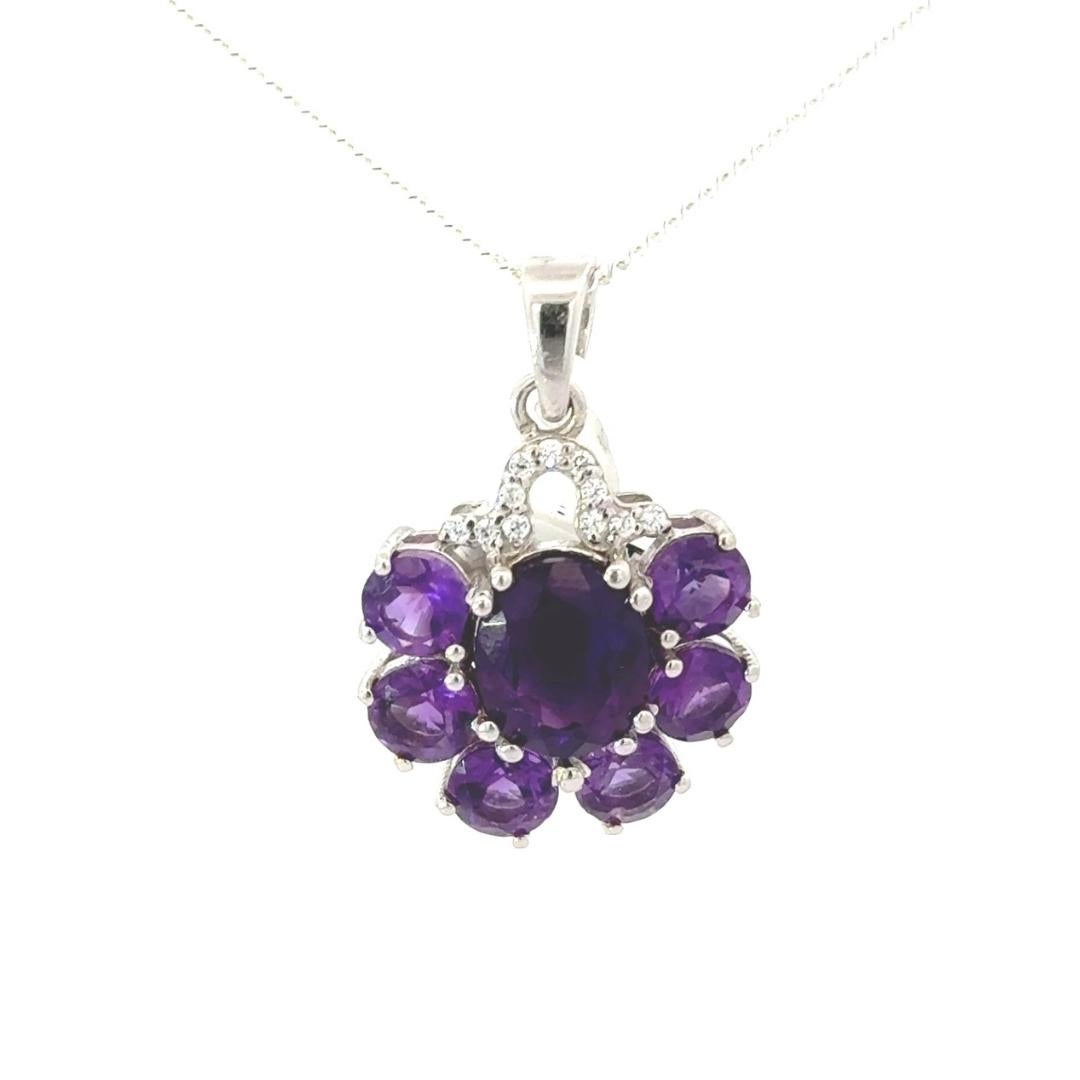 925 Sterling Silver Natural Amethyst Cluster Pendant Necklace for Mom Gift For Sale 3