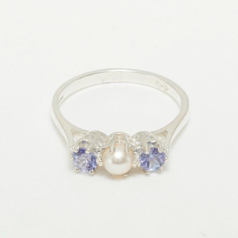 For Sale:  Solid 925 Sterling Silver Pearl & Tanzanite womens Trilogy Ring Customizable 2