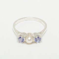 Solid 925 Sterling Silver Pearl & Tanzanite womens Trilogy Ring Customizable