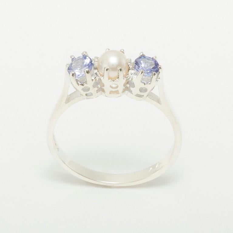 For Sale:  Solid 925 Sterling Silver Pearl & Tanzanite womens Trilogy Ring Customizable 4