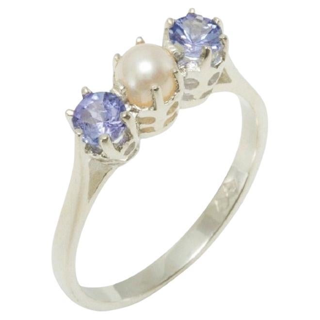 Solid 925 Sterling Silver Pearl & Tanzanite womens Trilogy Ring Customizable