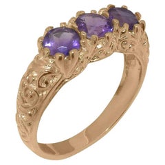 Solid 9ct Rose Gold Natural Amethyst womens Trilogy Ring Customizable