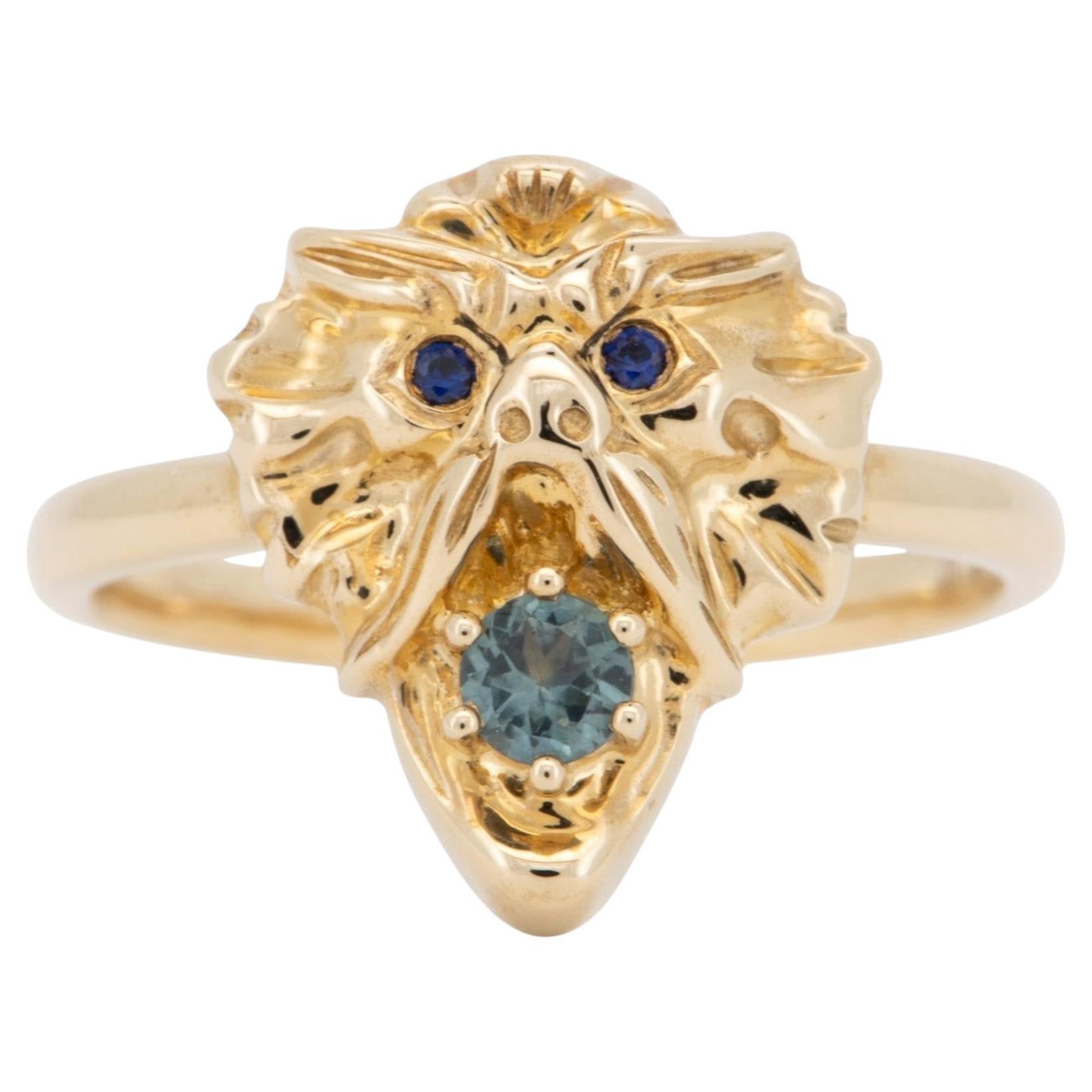 Solid 9K Gold Gargoyle Ring with Montana Sapphire Mouth Blue Eyes R6806 For Sale