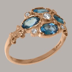 Solid 9K Rose Gold Natural Diamond & Blue Topaz womens Cluster Ring Customizable