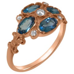 Anello a grappolo da donna in oro rosa massiccio 9K con diamanti naturali e topazio blu Personalizzabile