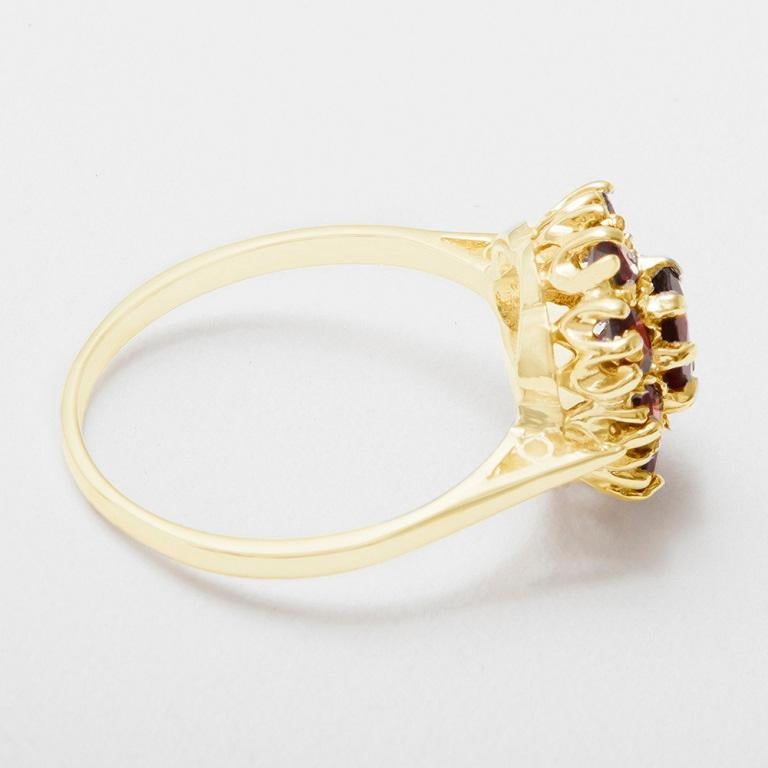 For Sale:  Solid 9K Solid Yellow Gold Garnet Antique Style Flower Cluster Ring Customizable 5