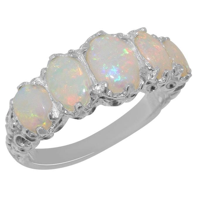 Solid 9K White Gold Five Stone Natural Opal Eternity Ring Customizable