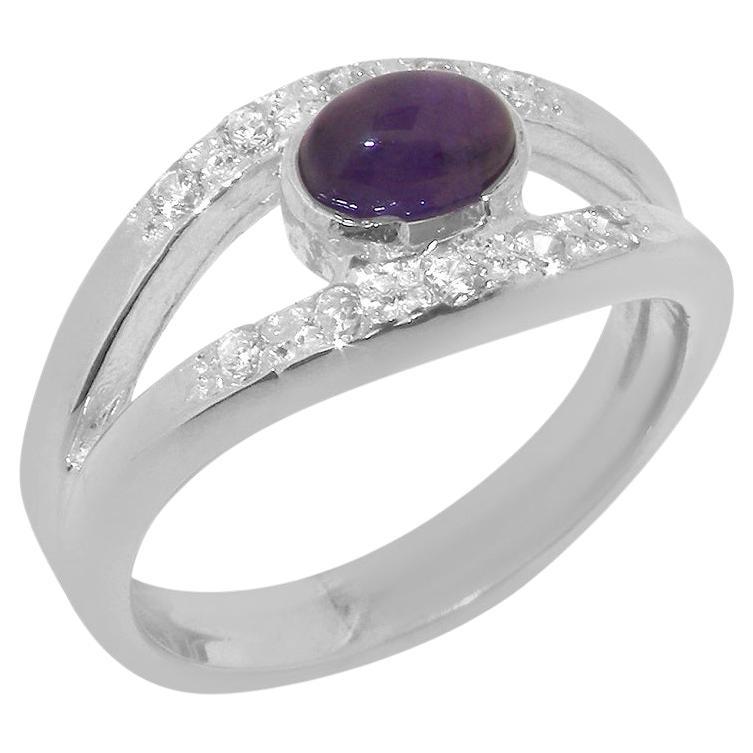 Solid 9K White Gold Natural Amethyst & Diamond Band Ring Customizable