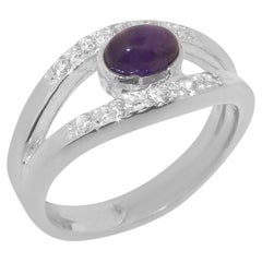 Bague en or blanc massif 9K avec améthyste naturelle et diamant Personnalisable