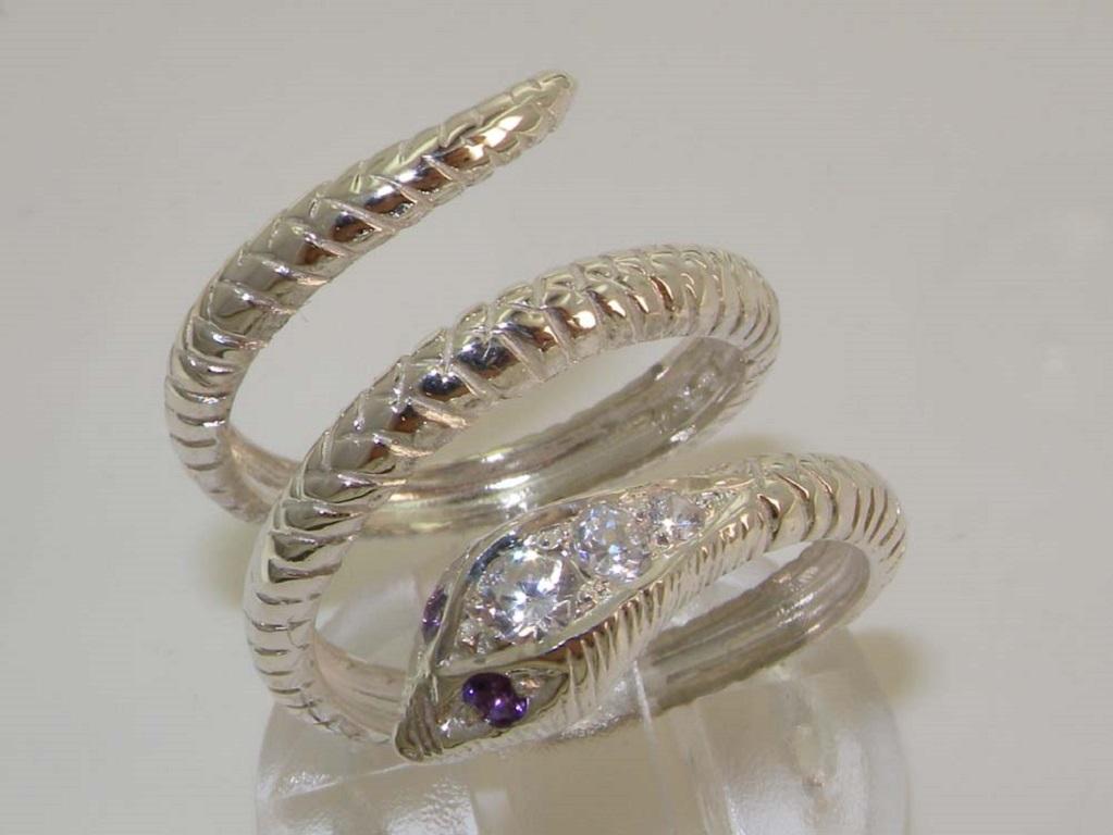 For Sale:  Solid 9K White Gold Natural Amethyst & Precious Diamond Snake Customizable 2