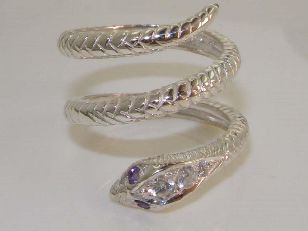 For Sale:  Solid 9K White Gold Natural Amethyst & Precious Diamond Snake Customizable 3