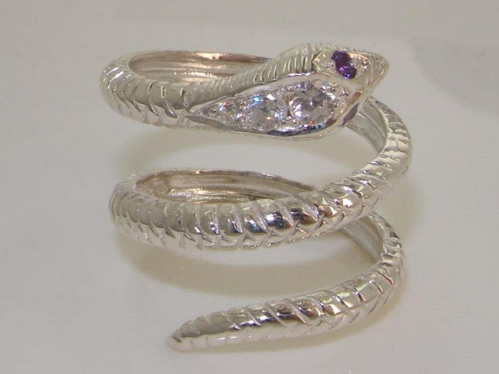 For Sale:  Solid 9K White Gold Natural Amethyst & Precious Diamond Snake Customizable 4