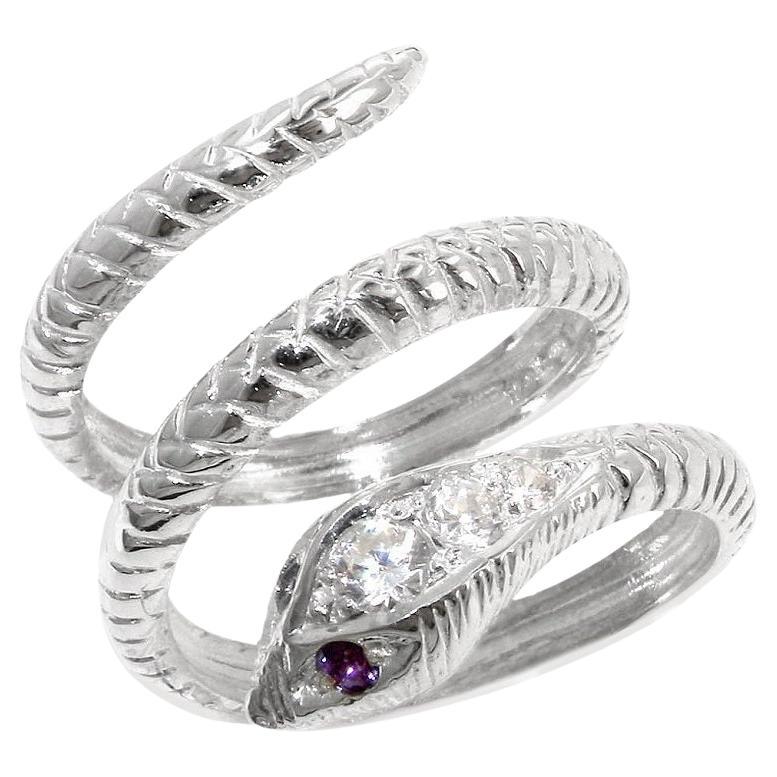 For Sale:  Solid 9K White Gold Natural Amethyst & Precious Diamond Snake Customizable