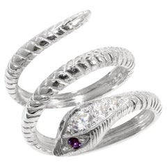 Solid 9K White Gold Natural Amethyst & Precious Diamond Snake Customizable