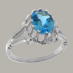 Solid 9k White Gold Natural Blue Topaz Womens Solitaire Ring Customizable