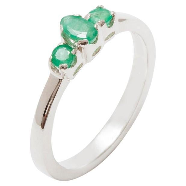 Solid 9k White Gold Natural Emerald womens Trilogy Ring Customizable
