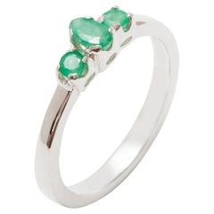 Solid 9k White Gold Natural Emerald womens Trilogy Ring Customizable