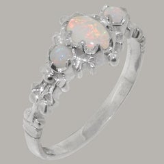 Solid 9K White Gold Natural Opal womens Trilogy Ring - Customizable