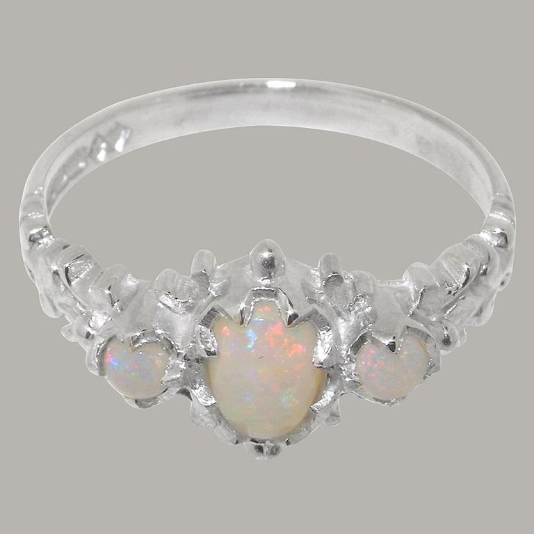 For Sale:  Solid 9K White Gold Natural Opal womens Trilogy Ring - Customizable 6