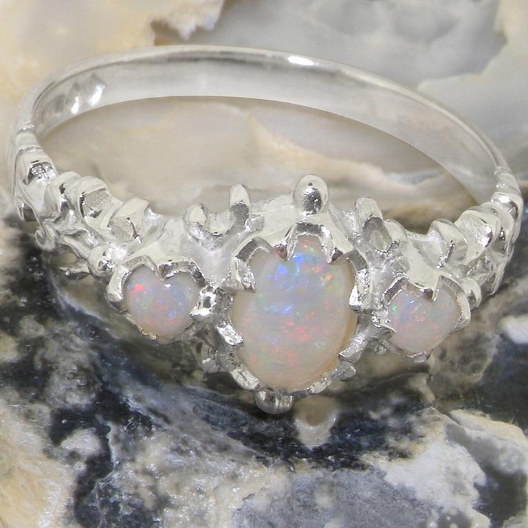 For Sale:  Solid 9K White Gold Natural Opal womens Trilogy Ring - Customizable 7