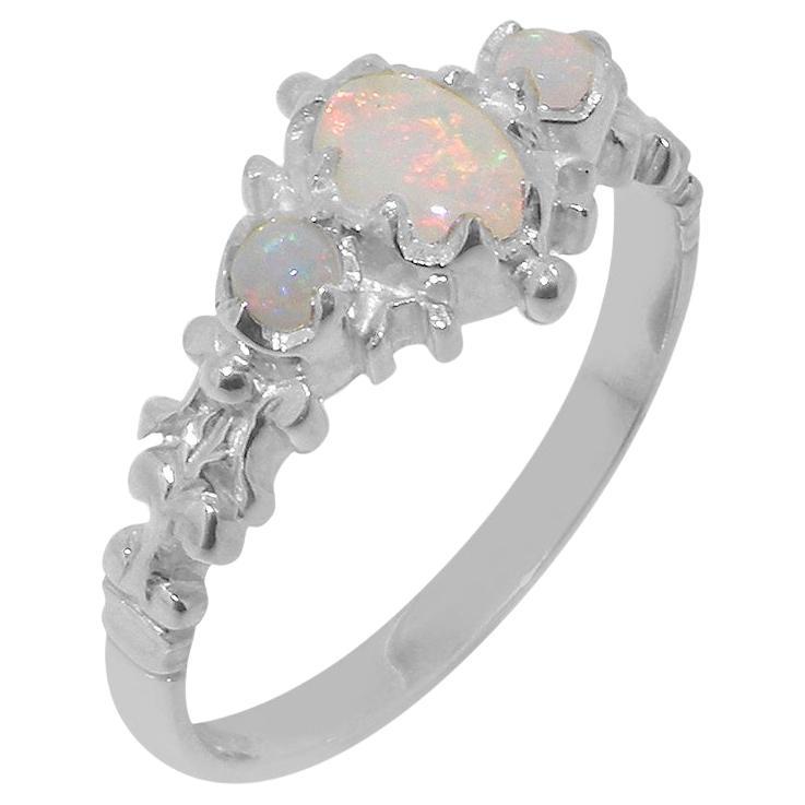 Solid 9K White Gold Natural Opal womens Trilogy Ring - Customizable
