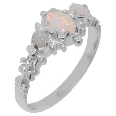 Solid 9K White Gold Natural Opal womens Trilogy Ring - Customizable