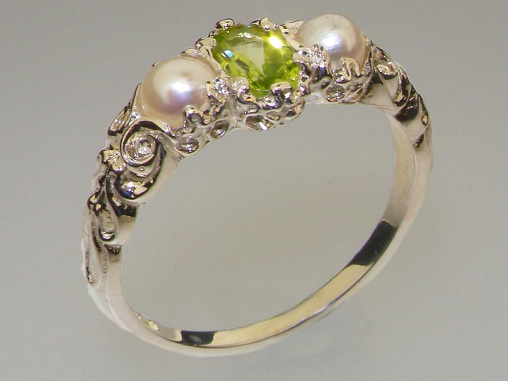 For Sale:  Solid 9k White Gold Natural Peridot & Pearl womens Trilogy Ring Customizable 2