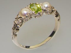 Solid 9k White Gold Natural Peridot & Pearl womens Trilogy Ring Customizable