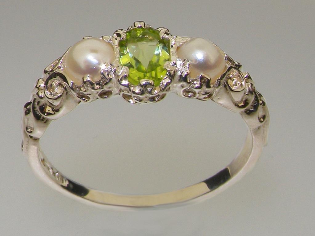 For Sale:  Solid 9k White Gold Natural Peridot & Pearl womens Trilogy Ring Customizable 3