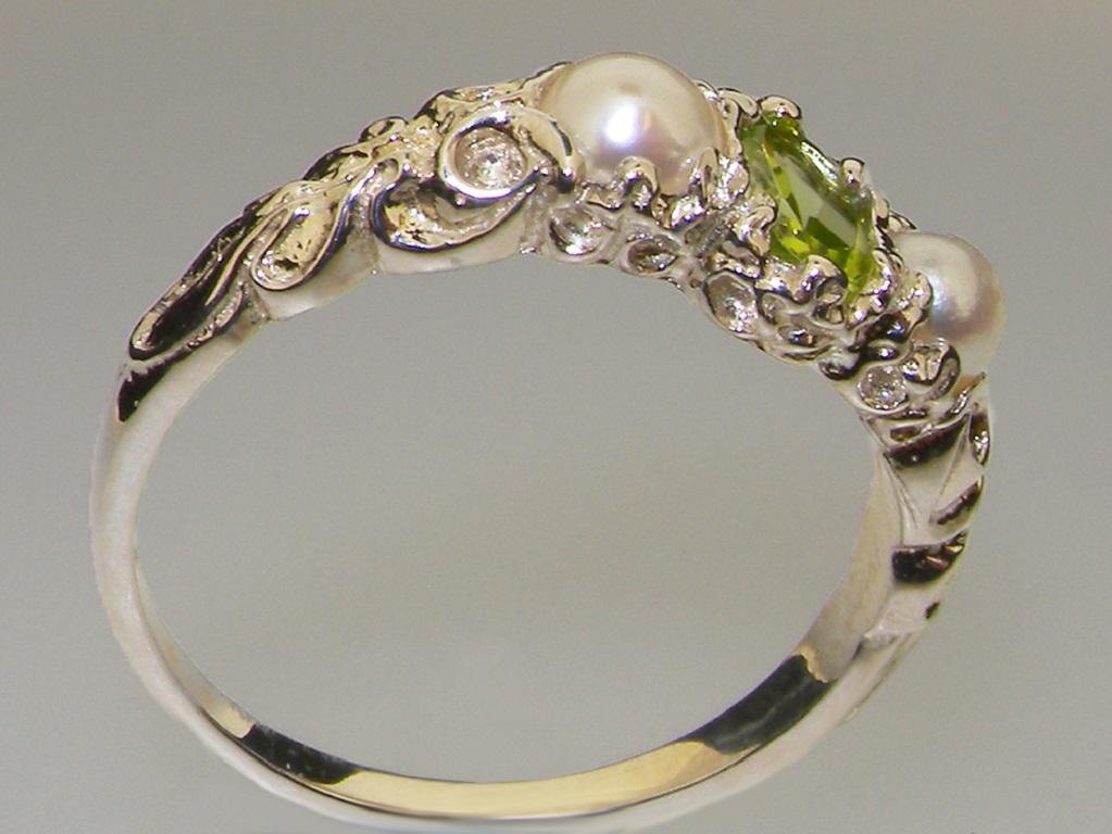 For Sale:  Solid 9k White Gold Natural Peridot & Pearl womens Trilogy Ring Customizable 4
