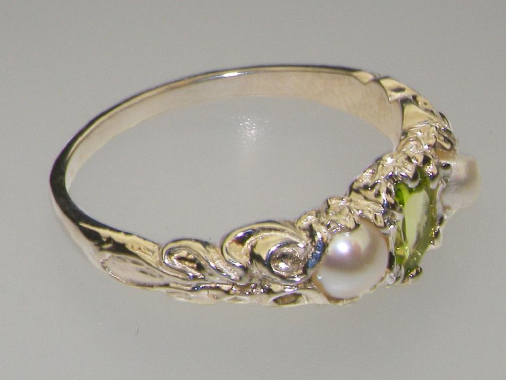 For Sale:  Solid 9k White Gold Natural Peridot & Pearl womens Trilogy Ring Customizable 5