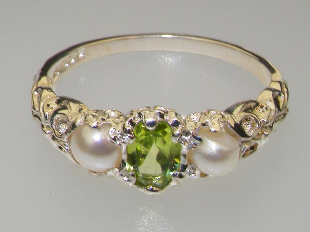 For Sale:  Solid 9k White Gold Natural Peridot & Pearl womens Trilogy Ring Customizable 6