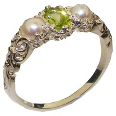 Solid 9k White Gold Natural Peridot & Pearl womens Trilogy Ring Customizable