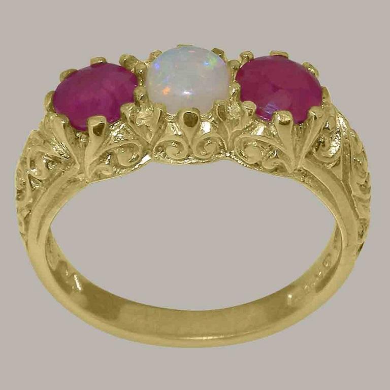 For Sale:  Solid 9k Yellow Gold Natural Opal & Ruby Womens Trilogy Ring Customizable 3