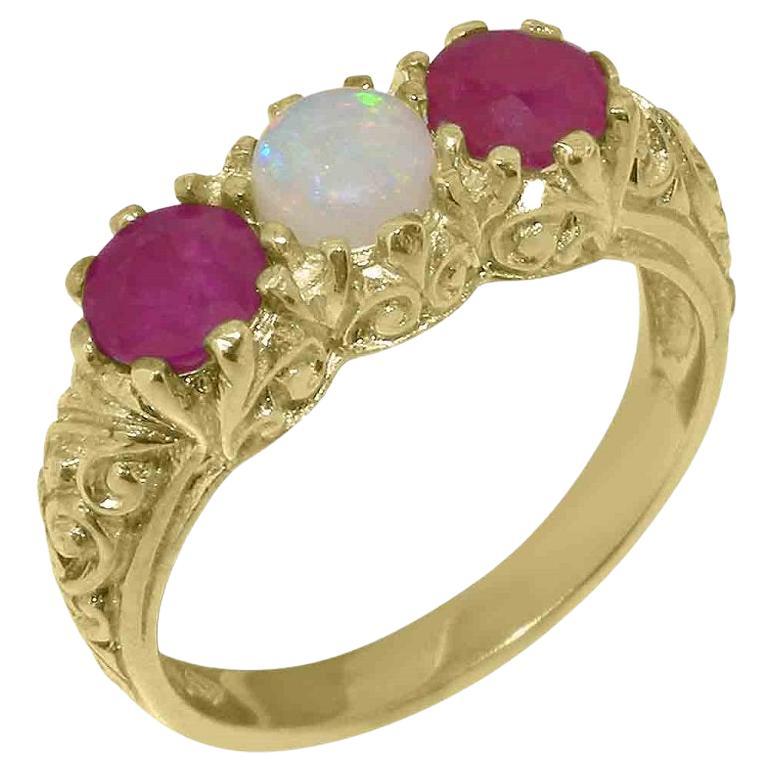 For Sale:  Solid 9k Yellow Gold Natural Opal & Ruby Womens Trilogy Ring Customizable