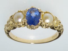 Solid 9k Yellow Gold Natural Sapphire & Pearl Womens Trilogy Ring - Customizable