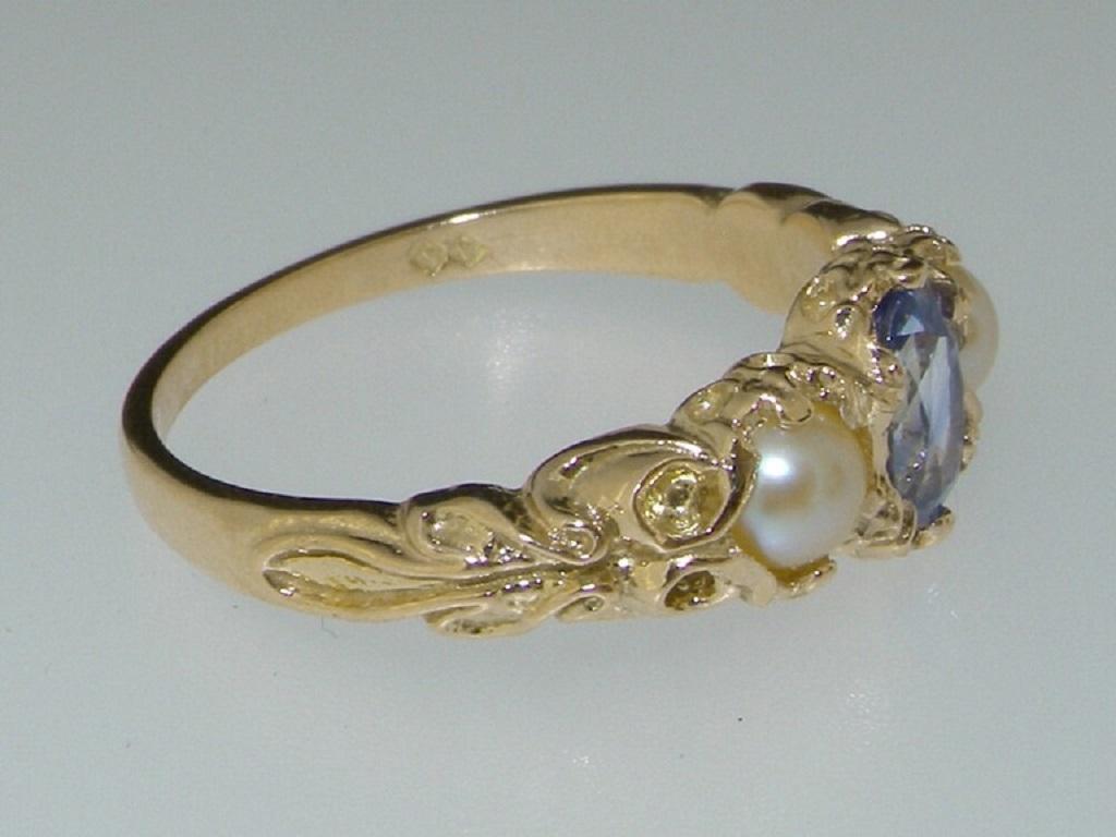 For Sale:  Solid 9k Yellow Gold Natural Sapphire & Pearl Womens Trilogy Ring - Customizable 3