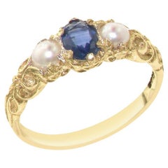Bague trilogie pour femmes en or jaune massif 9 carats, saphir naturel et perle - personnalisable