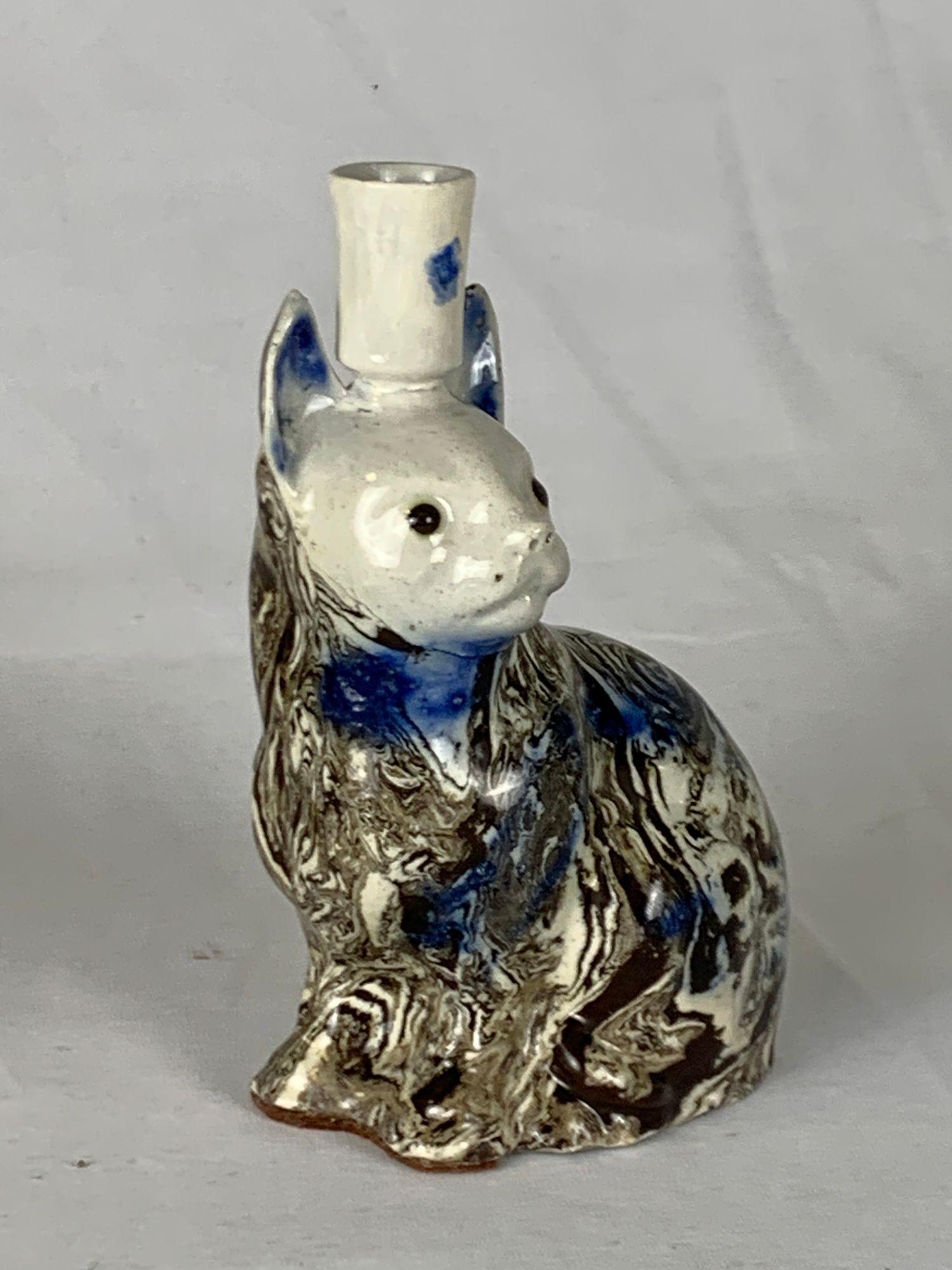 Folk Art Antique Agateware Saltglaze Cat, Staffordshire England, circa 1770 For Sale