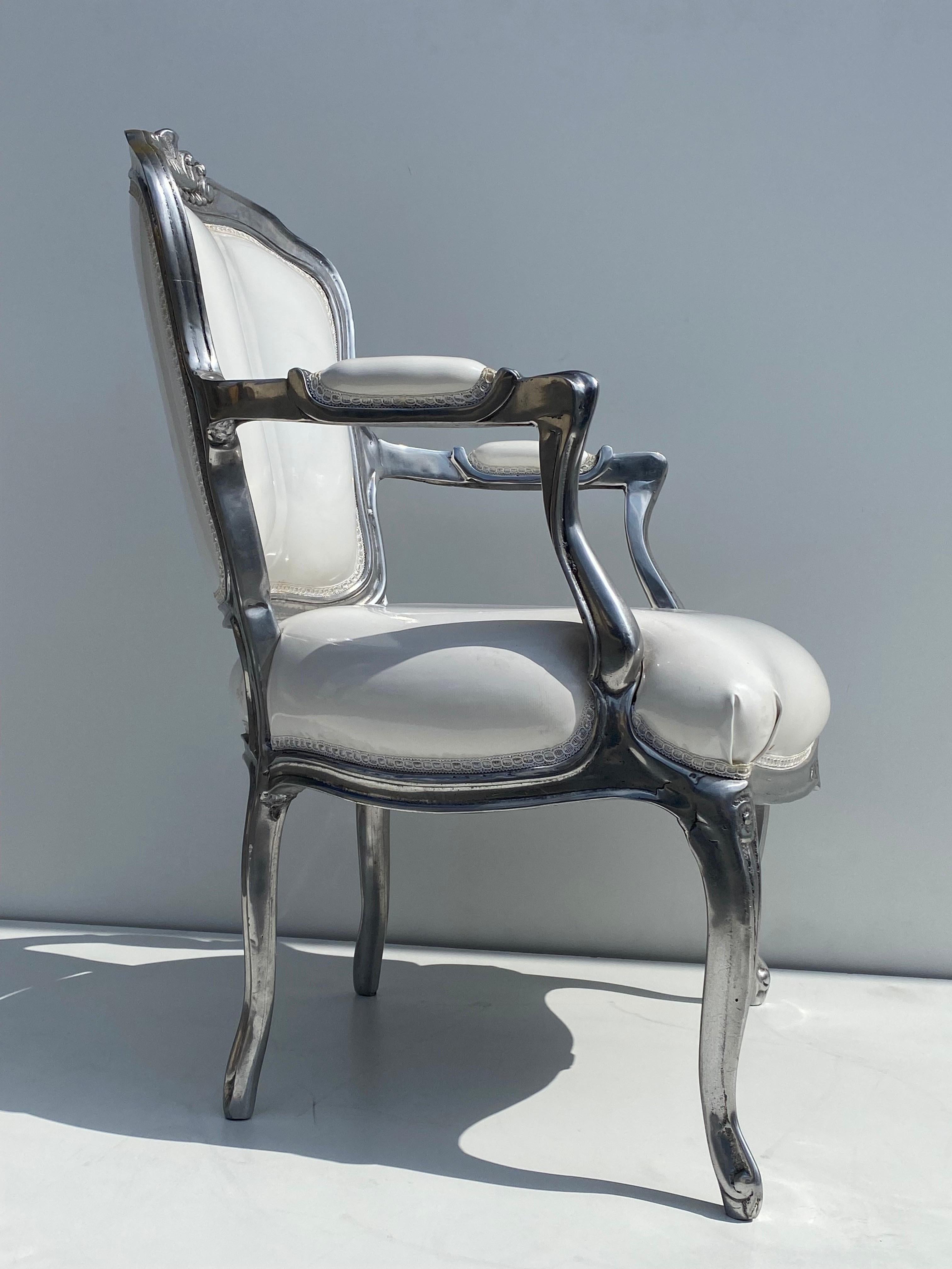 Louis XIV Solid Aluminum Bergere Chair in White Vinyl