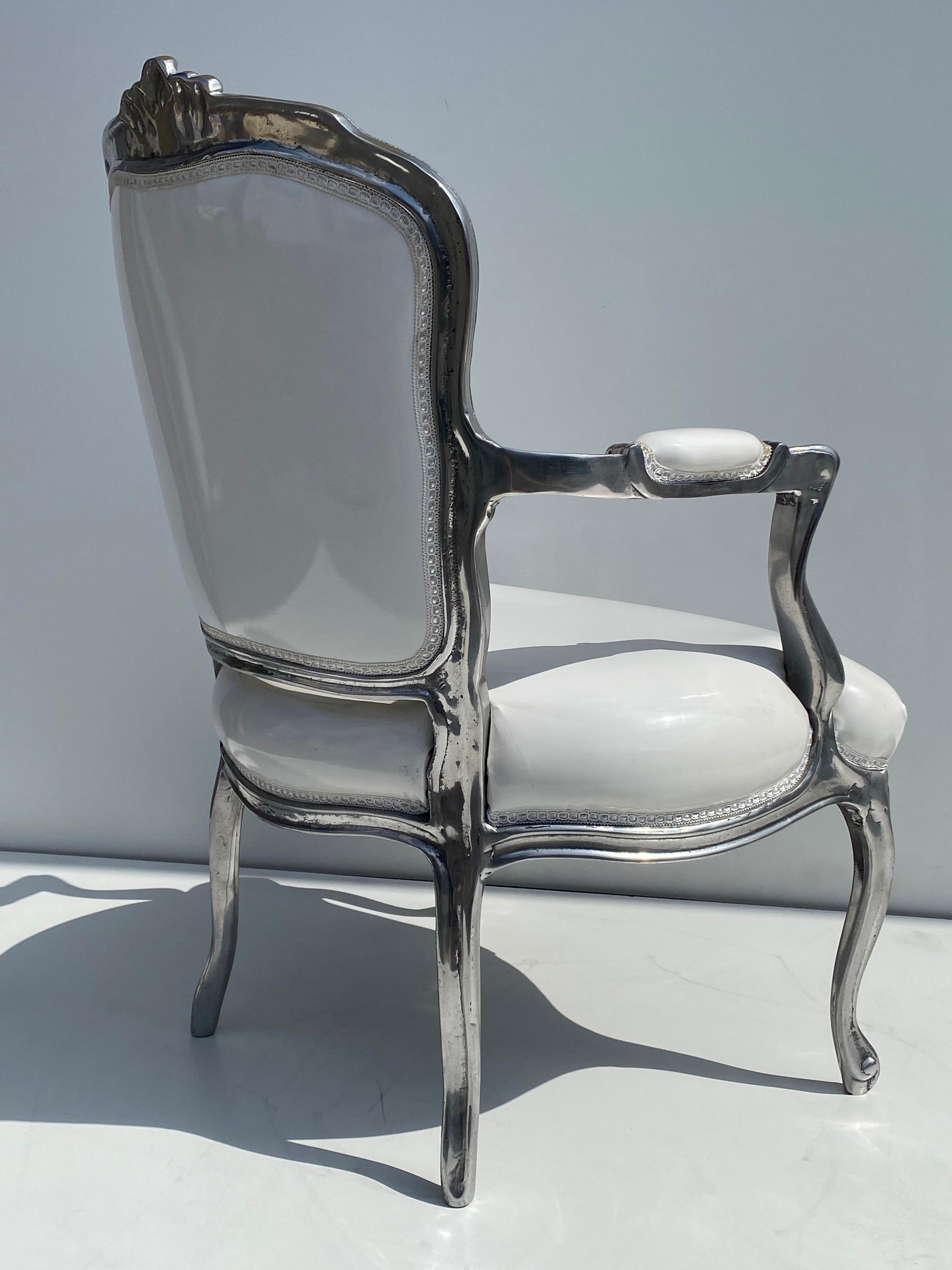 Italian Solid Aluminum Bergere Chair in White Vinyl
