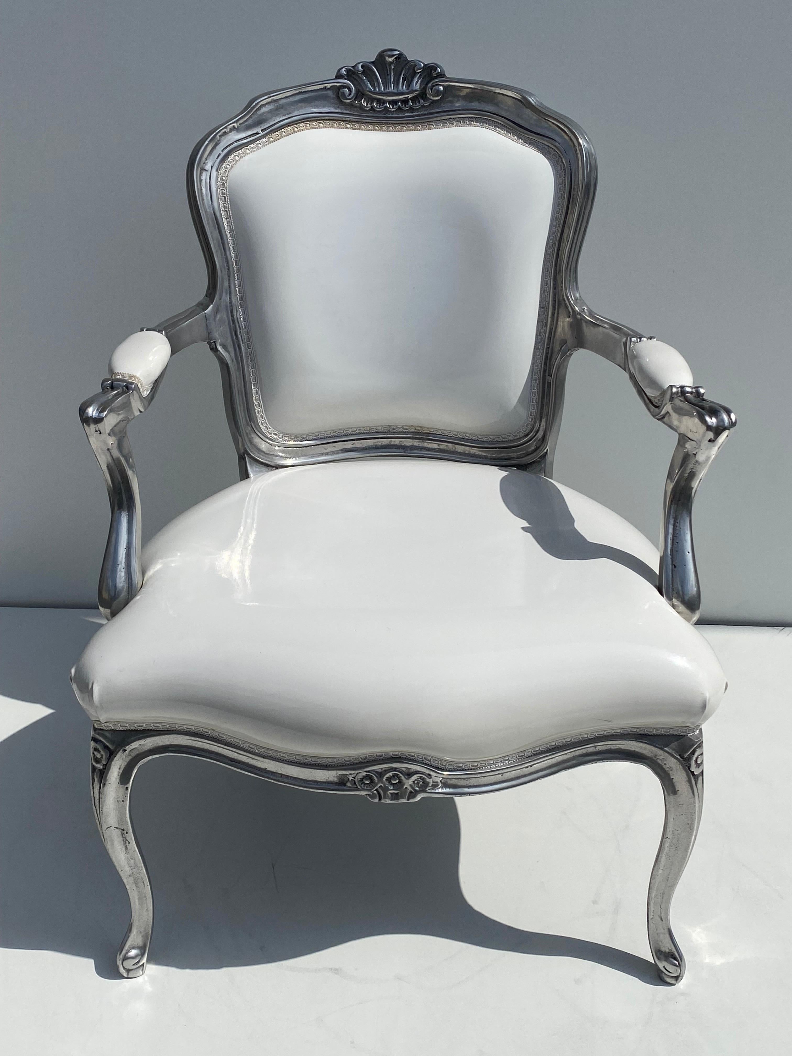 Late 20th Century Solid Aluminum Bergere Chair in White Vinyl