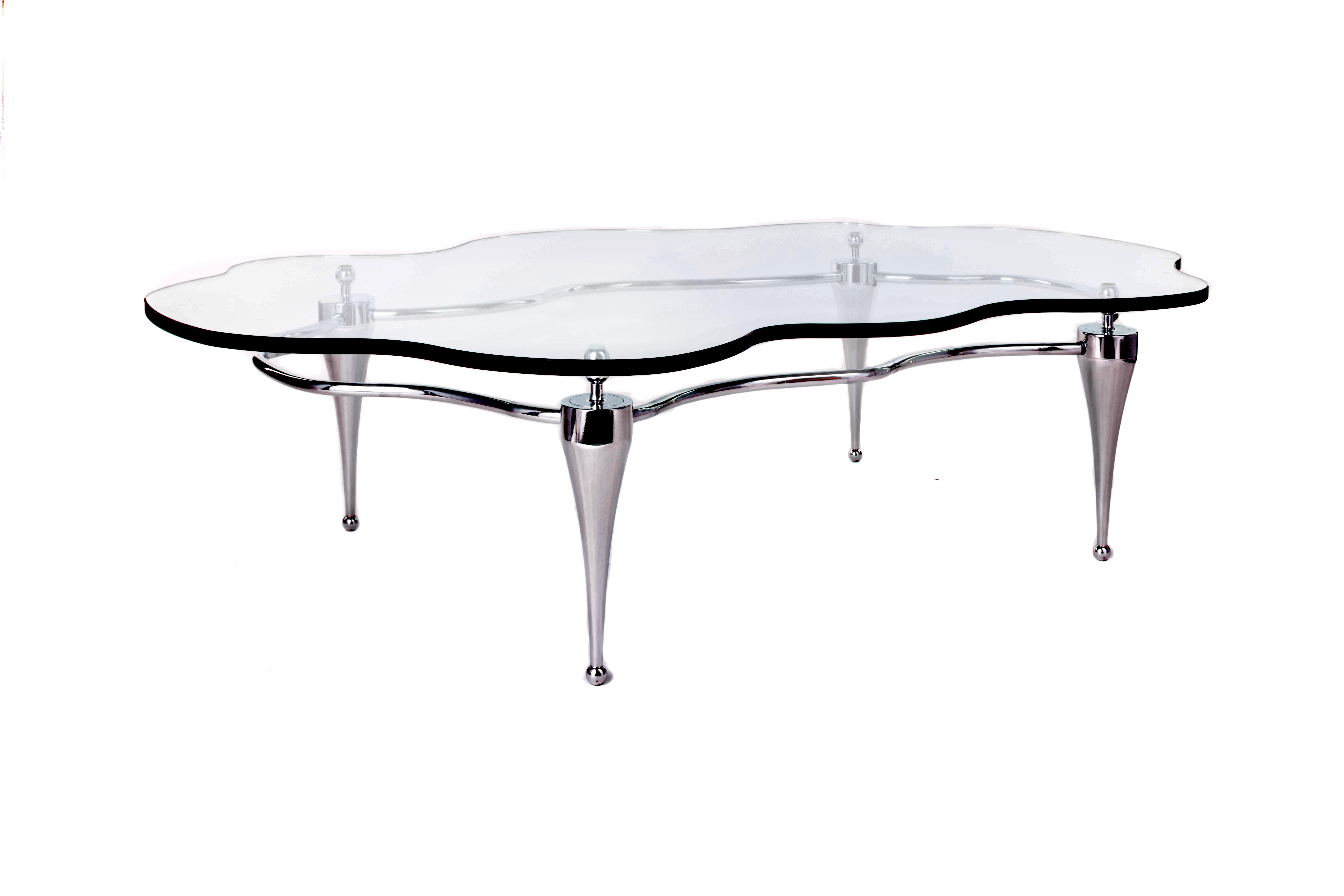 Art Deco Coffee Table With Glass Top And Polished Aluminum Base For Sale