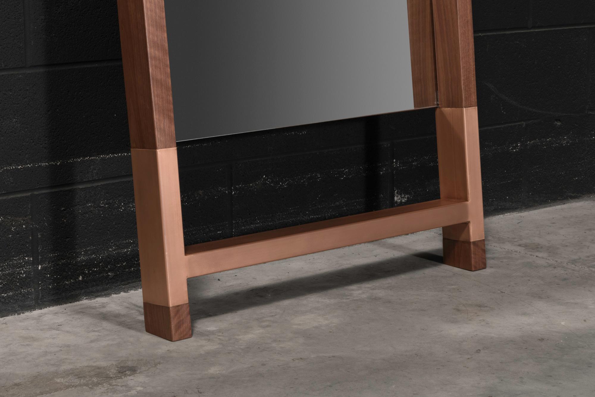 Modern American Walnut Standing Mirror with Copper Inlay 