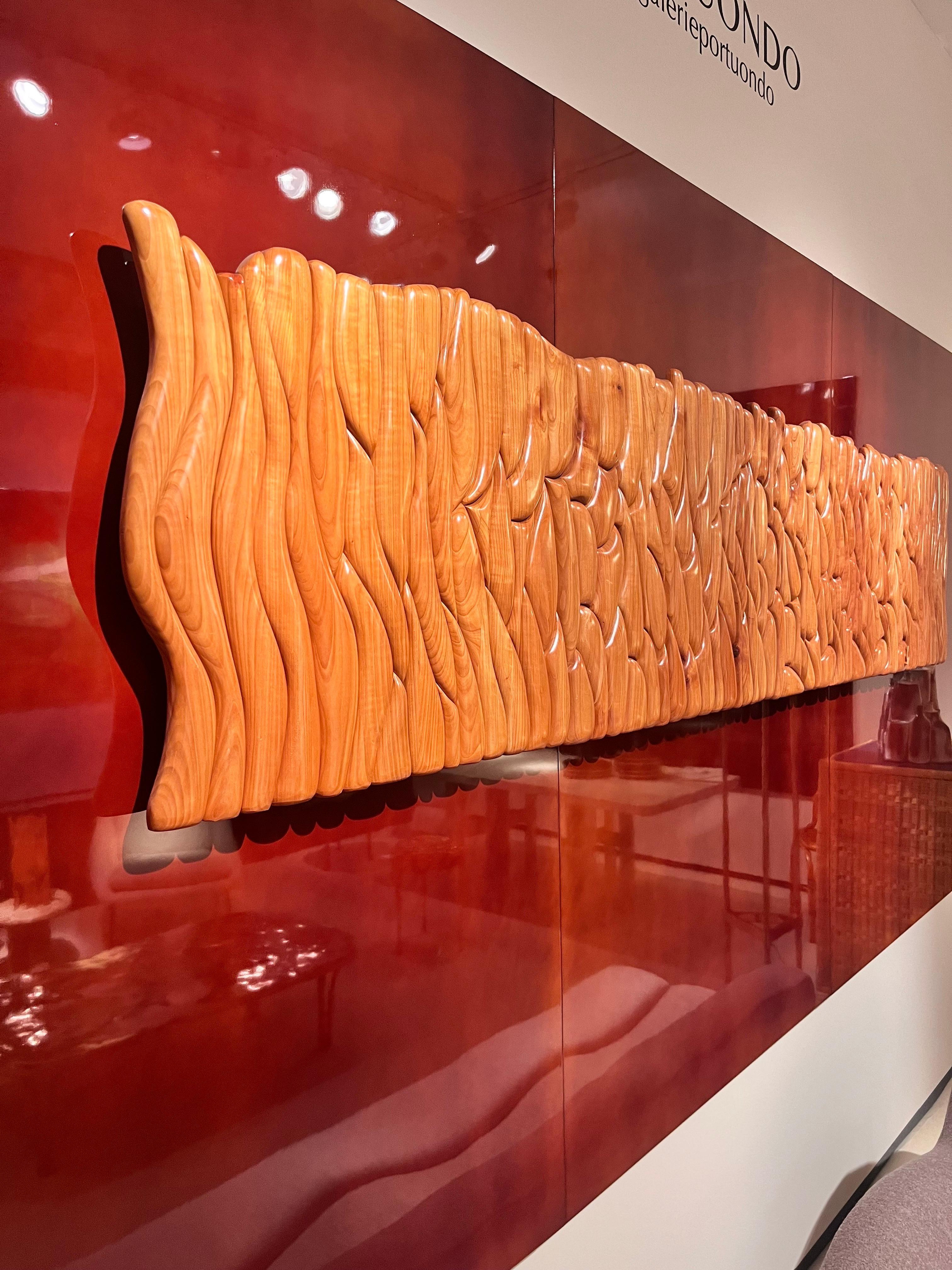 Mid-Century Modern Solid ash wood sculpture panel on lacquered wood by Lucien Bénière For Sale