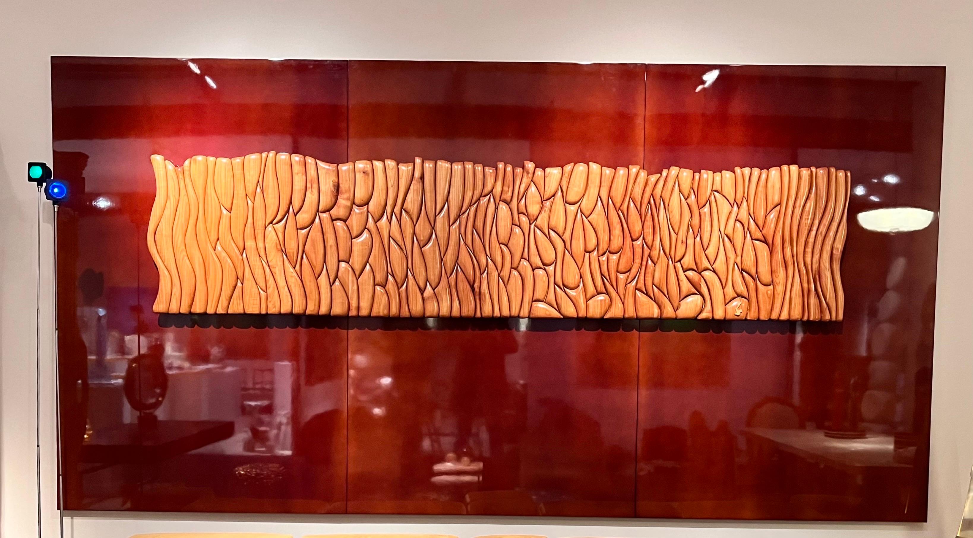 Mid-Century Modern Solid ash wood sculpture panel on lacquered wood by Lucien Bénière For Sale