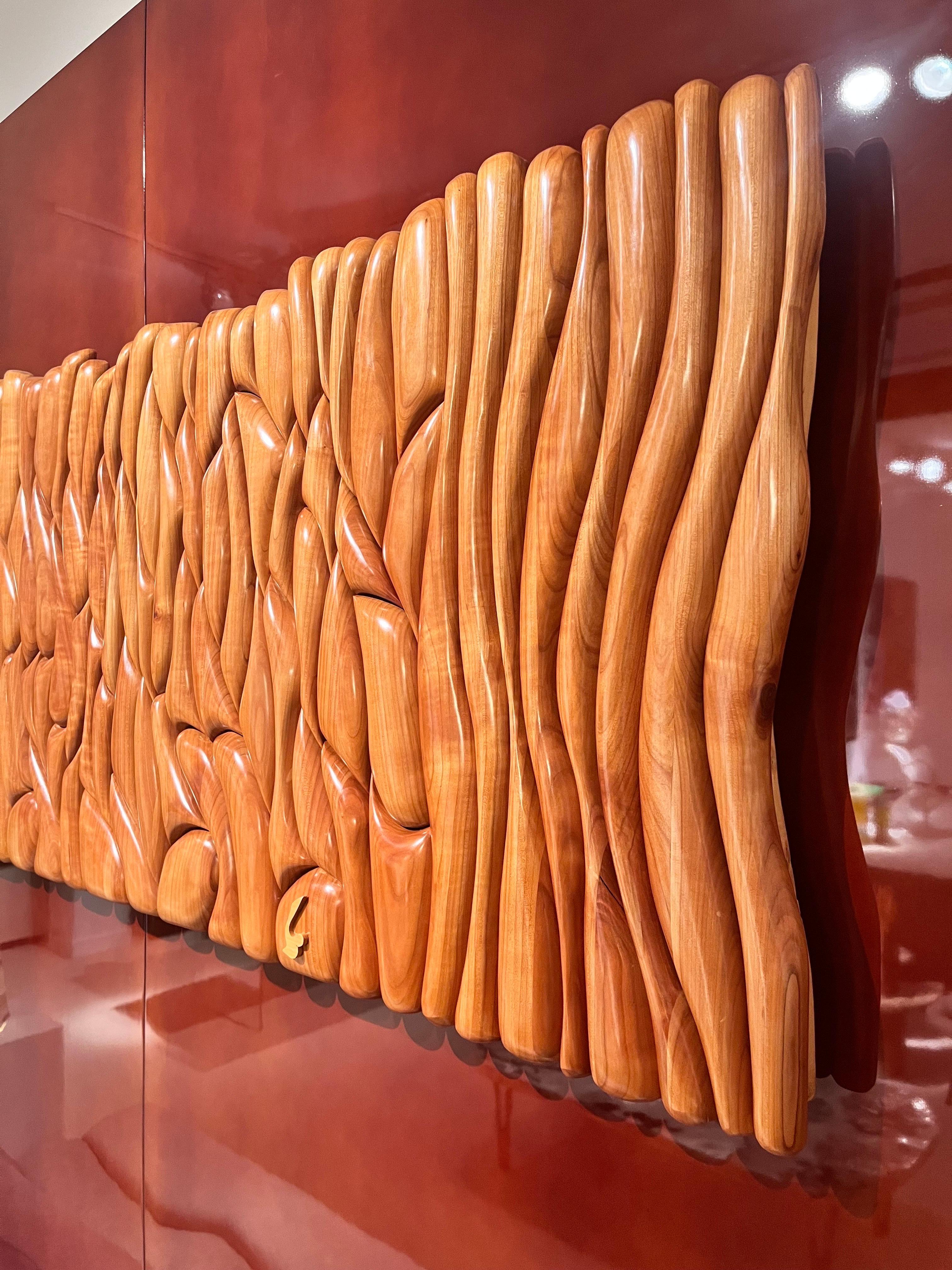 Late 20th Century Solid ash wood sculpture panel on lacquered wood by Lucien Bénière For Sale