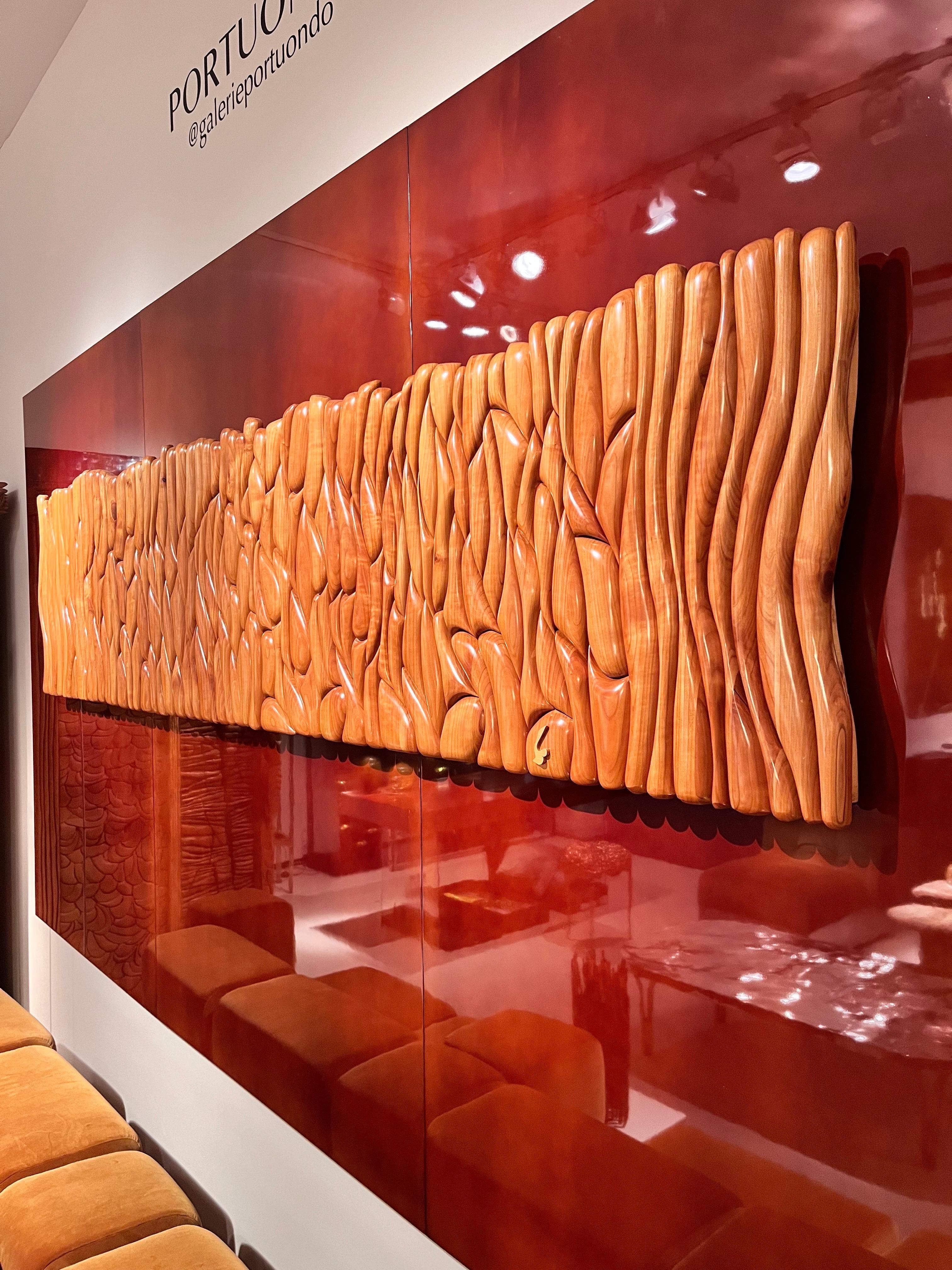 Solid ash wood sculpture panel on lacquered wood by Lucien Bénière For Sale 1